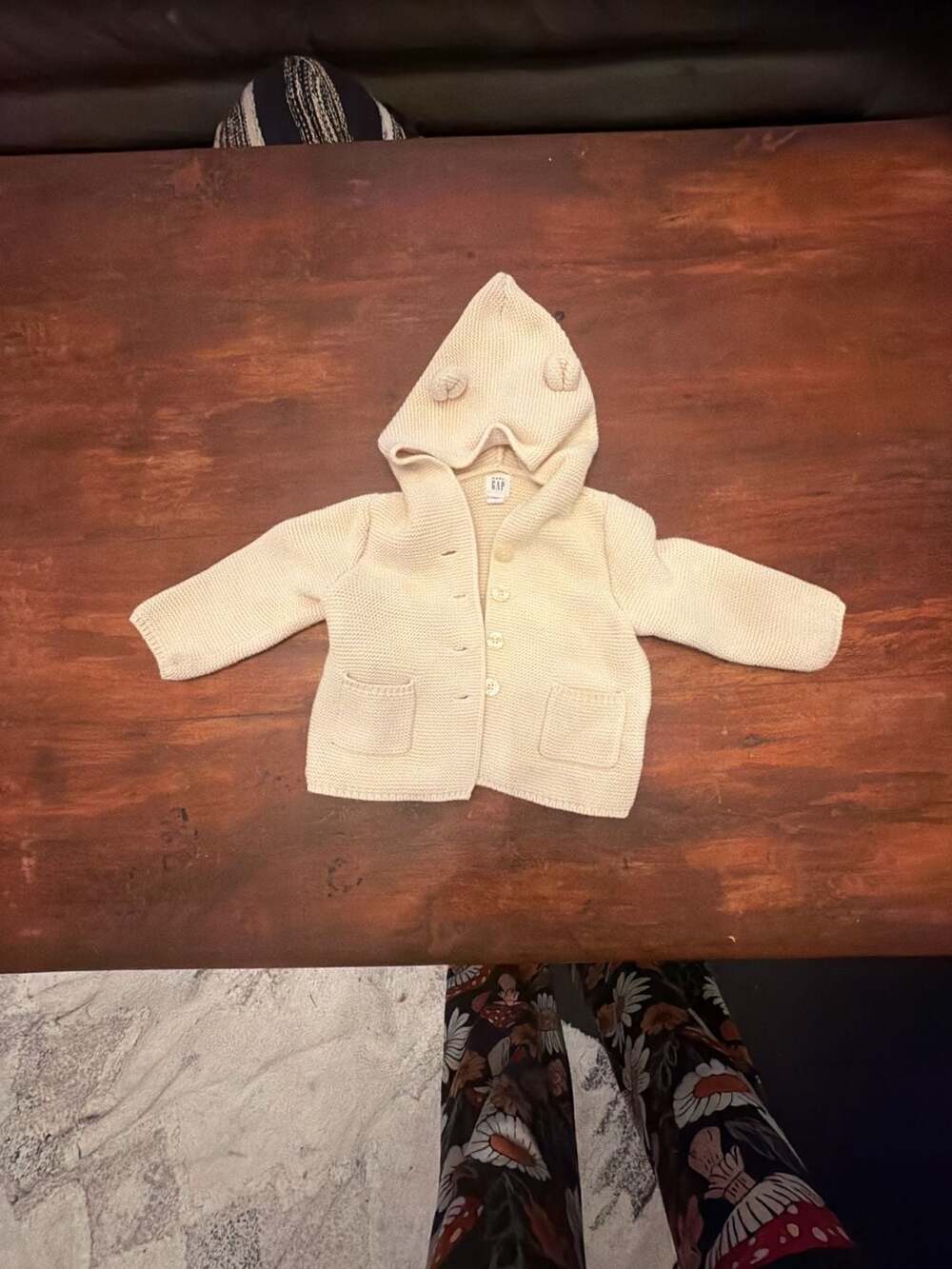 Baby Gap Cream Knit Bear Ear Hooded Cardigan Sweater Size 12-18M